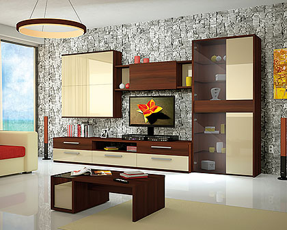 Living room furniture line in house interior display